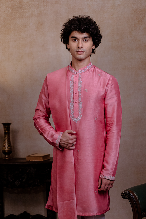 Prism Motif — Pink Geometric Embroidered Falling Raw Silk Kurta