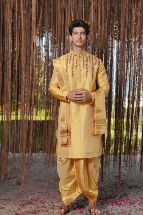 Swarna Kanjivaram — Golden Hand Embroidered Kanjivaram Pattu Silk Kurta Set