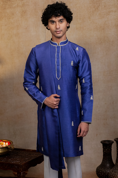 Silver Stitches — Blue Silver Zari Embroidered Falling Raw Silk Kurta