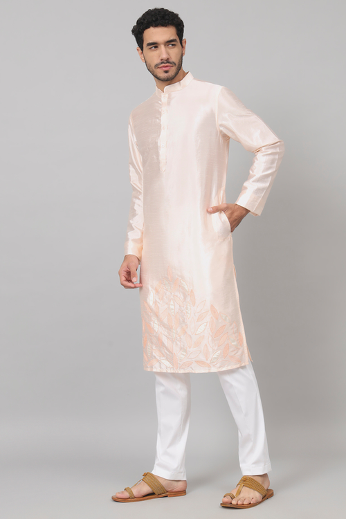 Abrikos — Peach Embroidered Semi Raw Silk Kurta