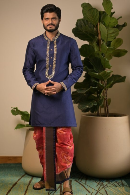 Royal Navratna — Navy Blue Zari Embroidered Dupion Silk Kurta & Dhoti Set