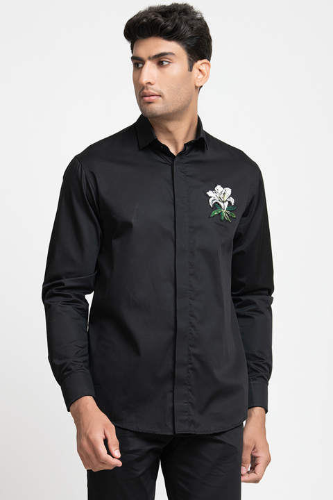 Leafy Petal β Black Hand Embroidered Giza Cotton Shirt