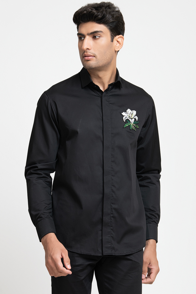 Leafy Petal — Black Hand Embroidered Giza Cotton Shirt