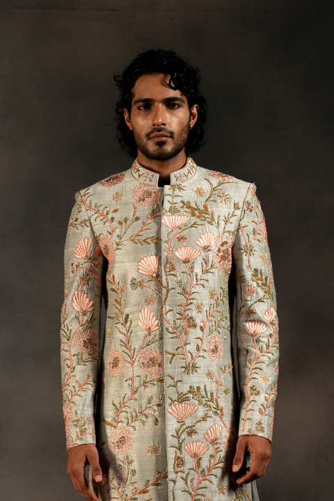 Minty Coral β Olive Green Hand Embroidered Raw Silk Sherwani