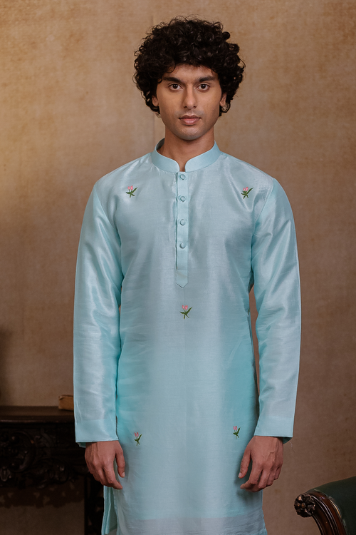 Vrindavan Lotus — Sage Green Hand Embroidered Falling Raw Silk Kurta