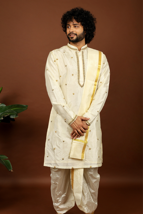 Arav — Off-White Gold Zardozi Hand Embroidered Pattu Kurta Set