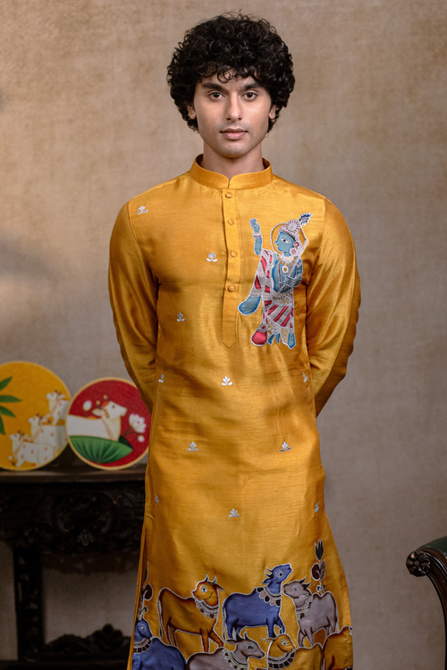 Mural Krishna — Mustard Yellow Krishna Mural Falling Raw Silk Kurta