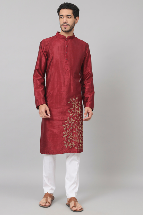 Maroon embroidered semi-raw silk kurta with leafy position thread work — Marrom by HILO DESIGN