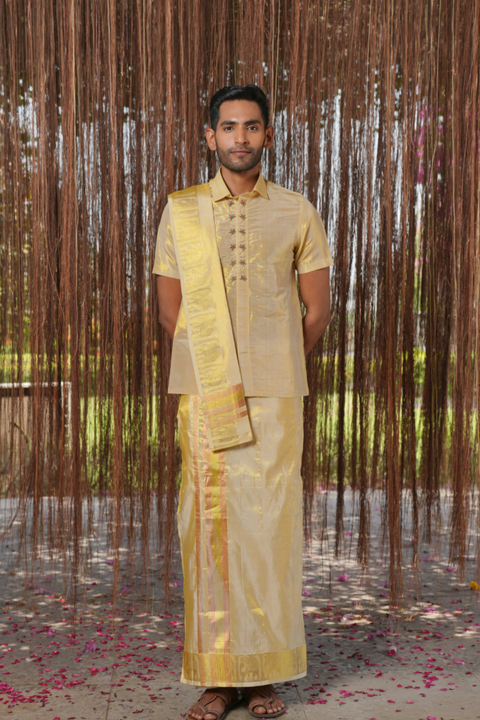 Raziya Kanjivaram — Gold Thread Embroidered Kanjivaram Pattu Silk Kurta & Lungi Set