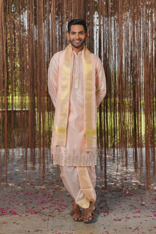 Mrudanga Kanjivaram — Light Pink Thread Embroidered Kanjivaram Pattu Silk Kurta Set