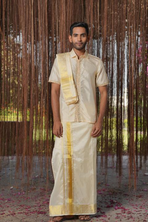 Sitara Kanjivaram — Sandstone Thread Embroidered Kanjivaram Pattu Silk Shirt & Lungi Set