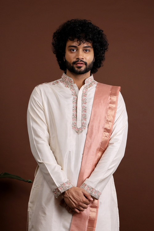 Regio — Beige Peach & Copper Hand Embroidered Kanjivaram Pattu Kurta Set