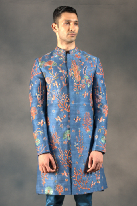 Coral Vogue β Blue Hand Embroidered Raw Silk Sherwani