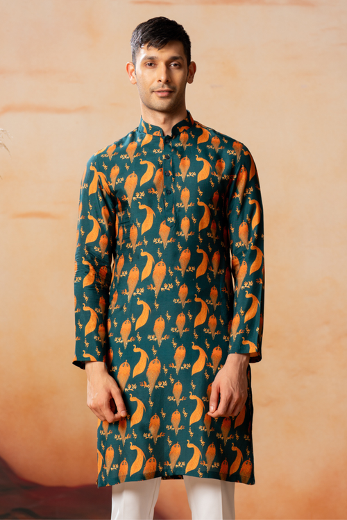 Peacock — Teal & Orange Peacock Print Silk Kurta