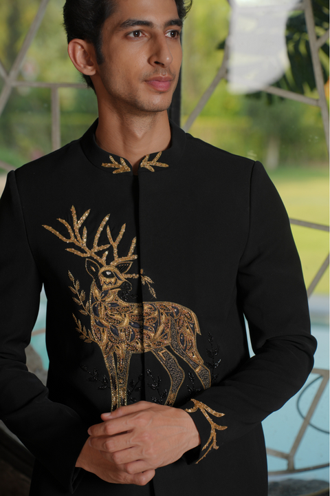 Winter Crest β Black Gold Zardozi British Suede Suiting Bandhgala