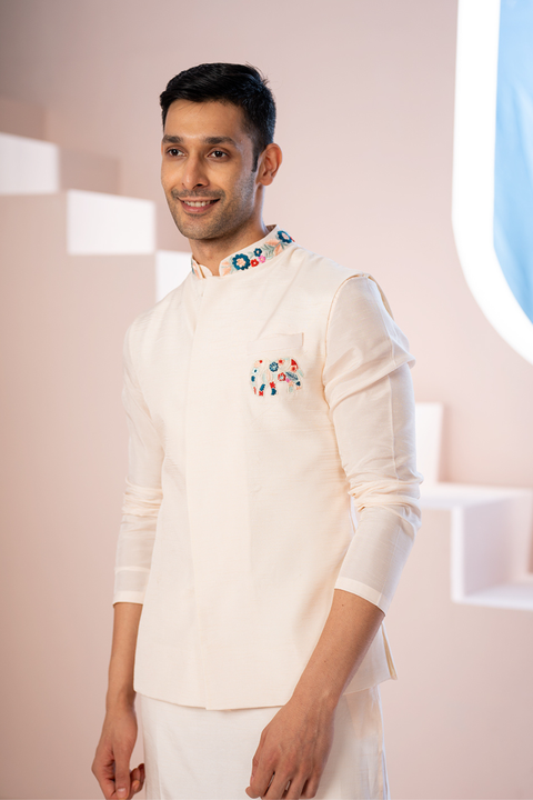 Peach Elephant — Peach Thread Embroidered Semi Raw Silk Nehru Jacket