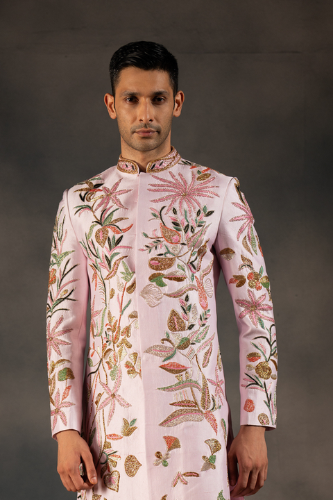 Pink Haven β Pink Hand Embroidered Dupion Silk Sherwani
