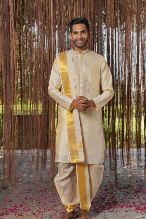 Ananta Kanjivaram — Cream Hand Embroidered Kanjivaram Pattu Silk Kurta Set