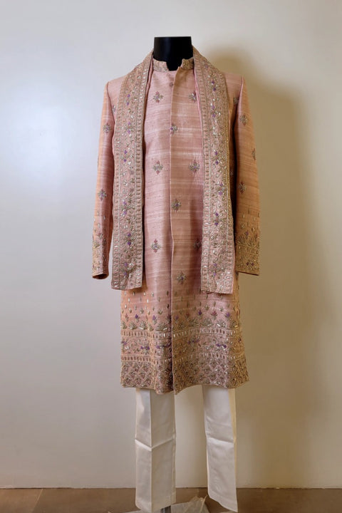 Peach Elegance — Peach Hand Embroidered Dupion Silk Sherwani