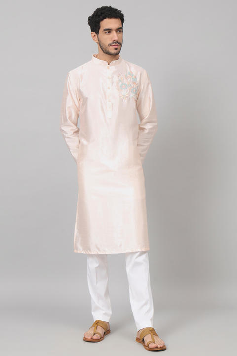 Taozi — Peach Embroidered Semi Raw Silk Kurta