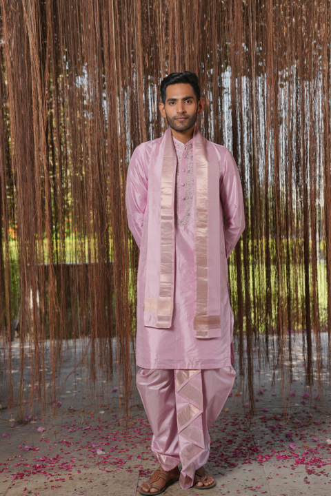 Iris Kanjivaram — Lavender Thread Embroidered Kanjivaram Pattu Silk Kurta Set