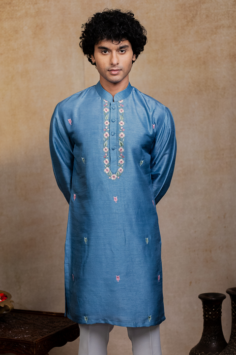 Varnika β Blue Embroidered Falling Raw Silk Kurta