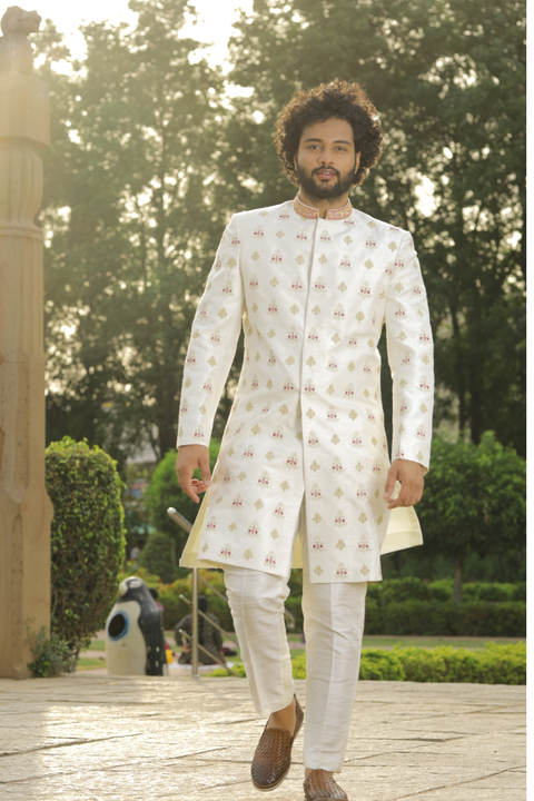 Irenic White — White Hand Embroidered Raw Silk Sherwani
