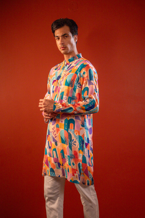 Sarang — Multi Color Printed Falling Raw Silk Kurta