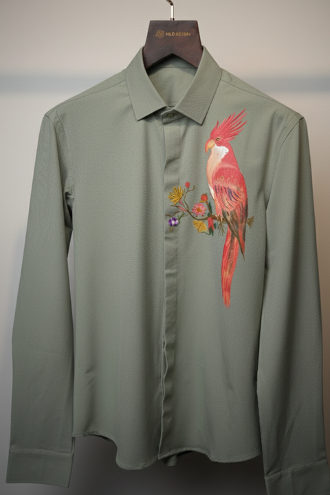 Verdant Muse — Olive Green Hand Painted 4-Way Stretch Urban Shirt