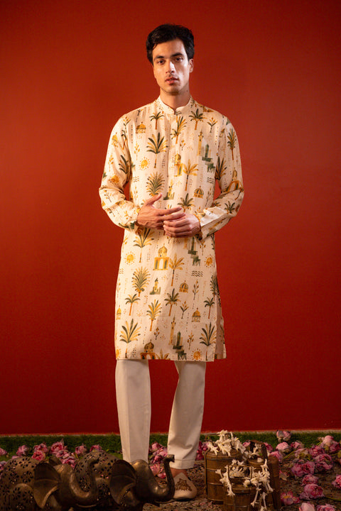 Vanya — Cream Printed Falling Raw Silk Kurta
