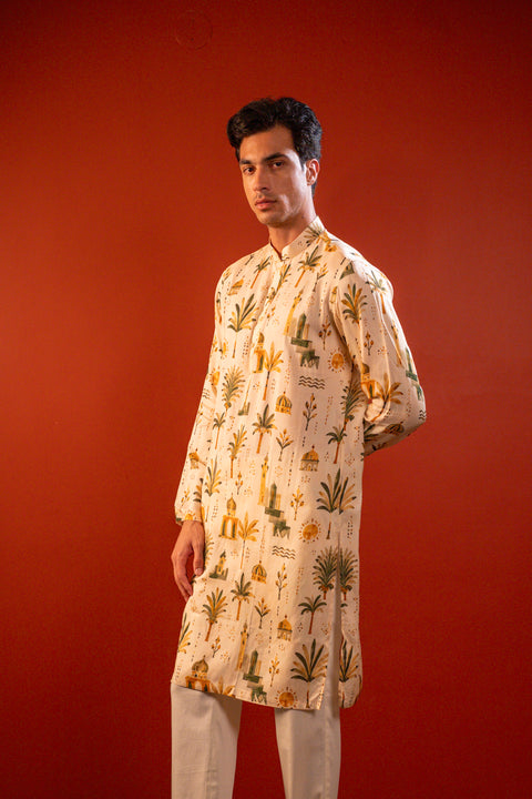 Varun— Cream Printed Falling Raw Silk Kurta