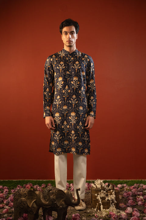 Kanjal — Midnight Blue Printed Falling Raw Silk Kurta