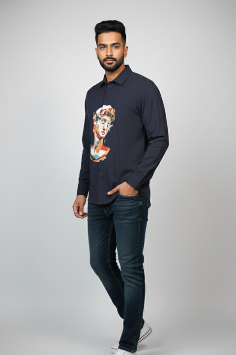 Eclipse Artistry β Midnight Blue Hand Painted 4-Way Stretch Urban Shirt