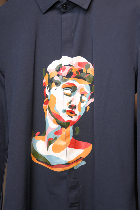 Eclipse Artistry β Midnight Blue Hand Painted 4-Way Stretch Urban Shirt