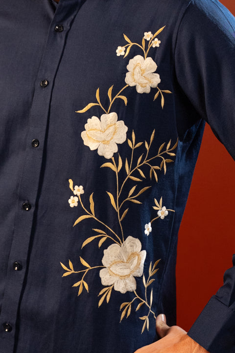 Nocturne β Navy Hand Embroidered Cotton Flex Shirt