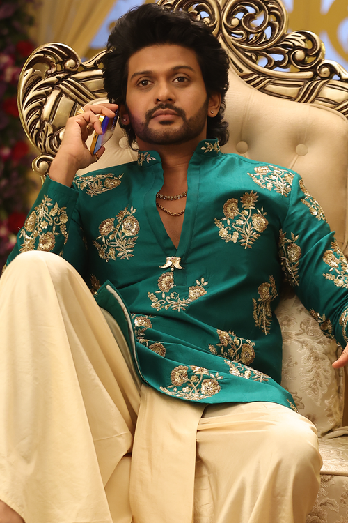 Virasat Neel — Royal Blue Hand Embroidered Dupion Silk Kurta