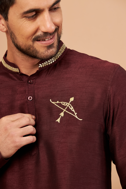 Adira β Maroon Zari Embroidered Falling Raw Silk Kurta