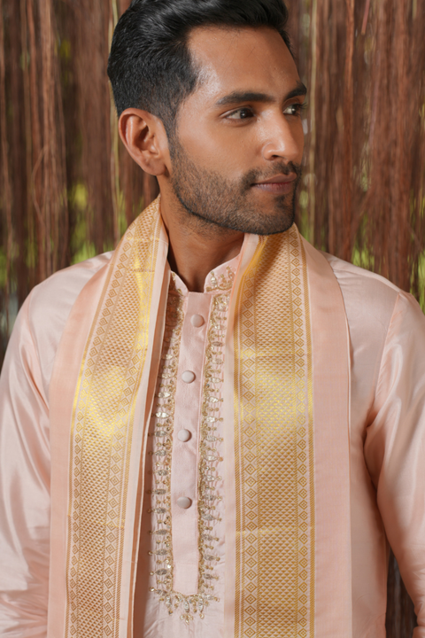 Mrudanga Kanjivaram — Light Pink Thread Embroidered Kanjivaram Pattu Silk Kurta Set