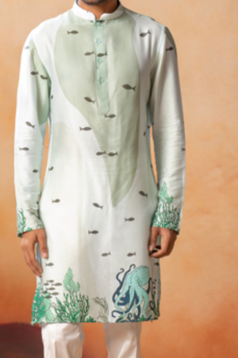 Oceanic β Sky Blue Marine Print Cotton Kurta