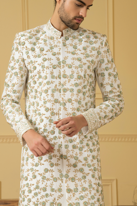 Verde — Off White Hand Embroidered Dupion Silk Sherwani