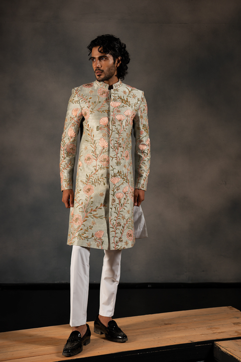 Minty Coral β Olive Green Hand Embroidered Raw Silk Sherwani