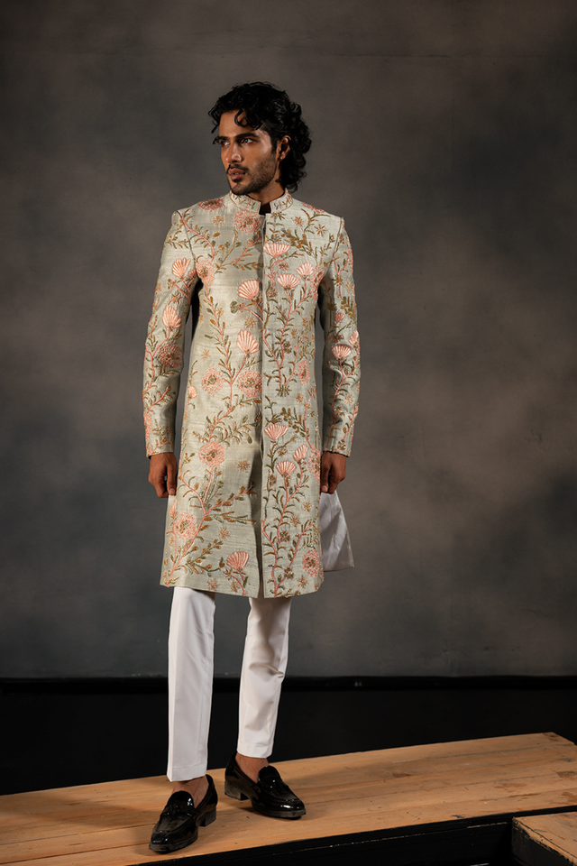Minty Coral — Olive Green Hand Embroidered Raw Silk Sherwani