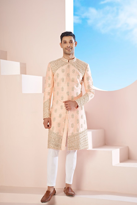 Vexella β Peach Hand Embroidered Raw Silk Sherwani