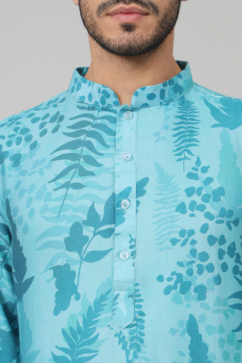 Hojas — Blue Leaf Print Cotton Kurta