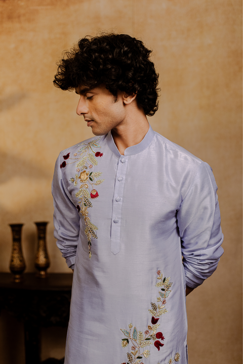 Botanical Bloom β Lavender Floral Embroidered Falling Raw Silk Kurta