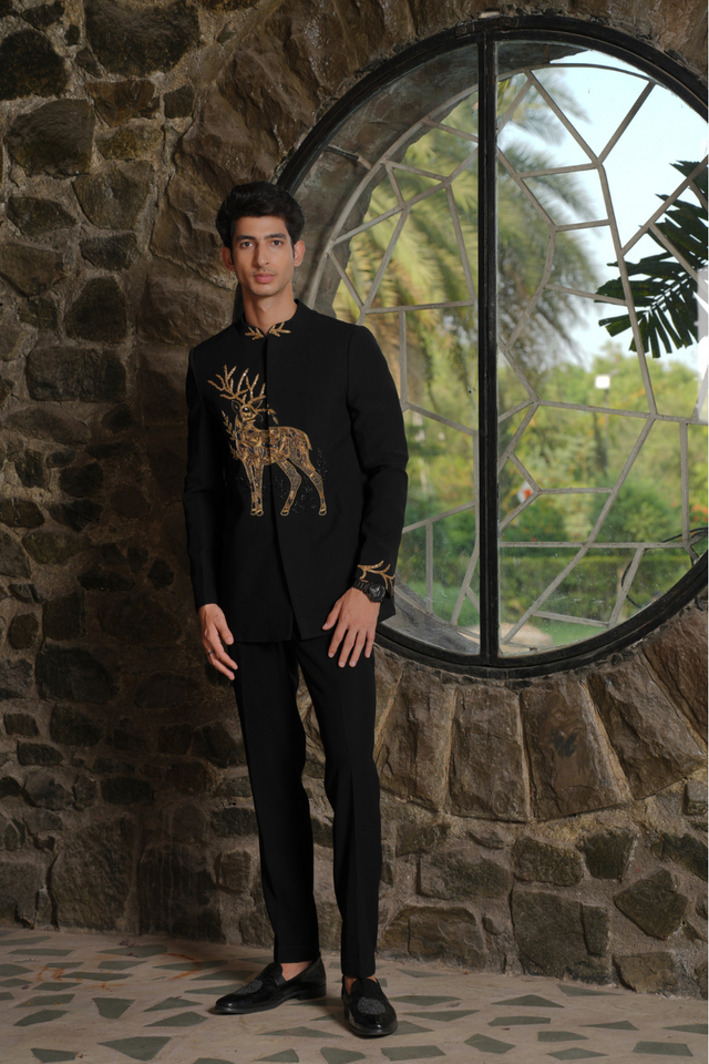 Winter Crest — Black Gold Zardozi British Suede Suiting Bandhgala