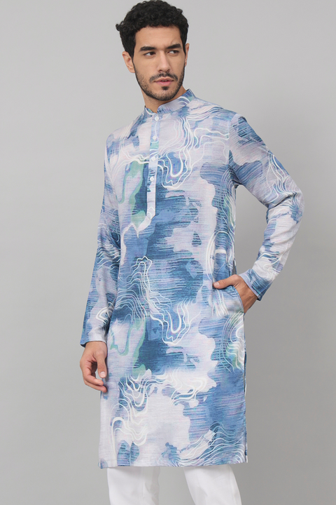 Marbre — Blue Marble Print Silk Kurta