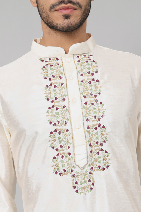 Rein — Off White Embroidered Semi Raw Silk Kurta