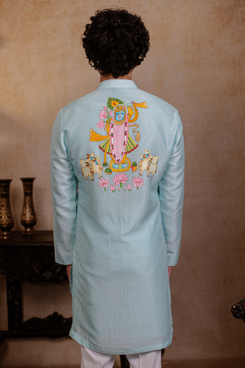 Vrindavan Lotus β Sage Green Hand Embroidered Falling Raw Silk Kurta