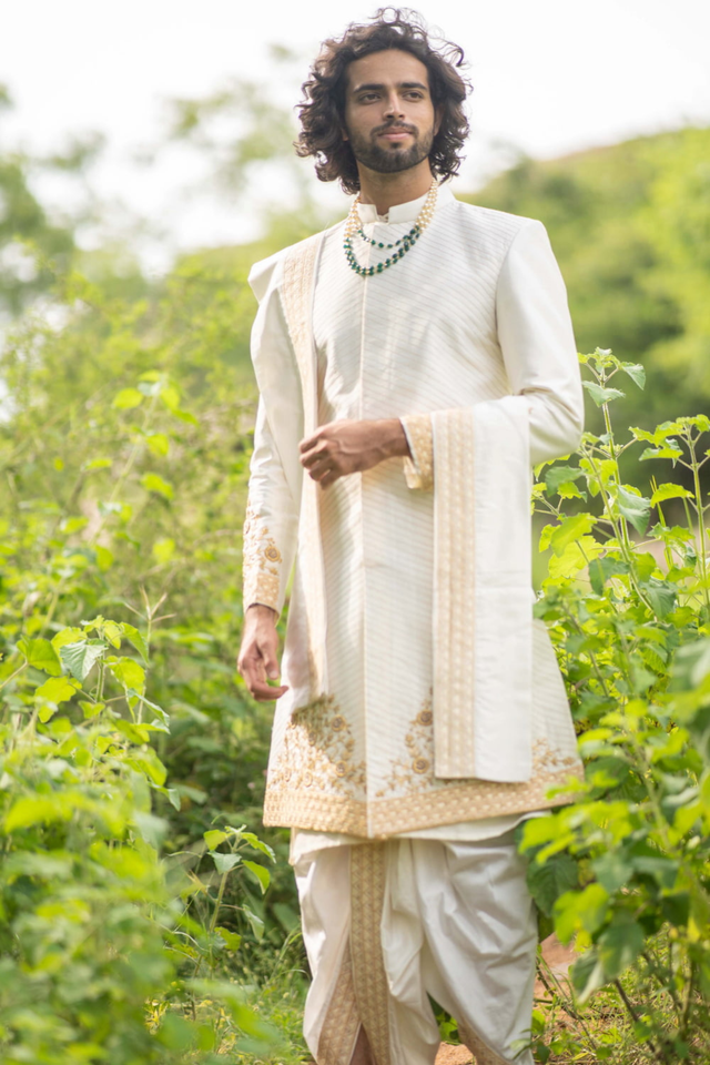Cream Gold — Cream Hand Embroidered Dupion Silk Sherwani